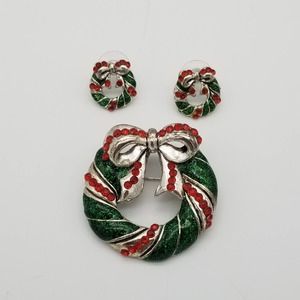 Christmas Wreath Brooch Pendant & Earrings Set